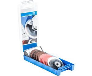 PFERD TOOLS COMBICLICK, jeu de 19 pièces, Ø 115 mm, M14 : usinages allant du dégrossissage au polissage à l'aide d'une meuleuse d'angle