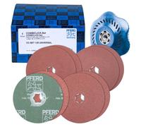 PFERD TOOLS Jeu de disques fibre COMBICLICK corindon Ø125mm A36, 60, 80, 120 avec plateau-support CC-H-GT pour applications universelles
