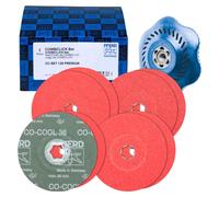 PFERD TOOLS Jeu de disques fibre COMBICLICK grain céramique Ø125mm CO-COOL 36, 60, 80, 120 avec plateau-support CC-H-GT pour acier inoxydable