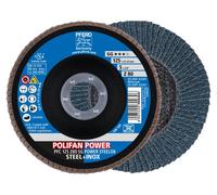 PFERD TOOLS POLIFAN POWER Disque à lamelles PFC conique corindon zirconien SG STEELOX Acier/acier inoxydable