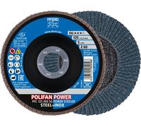 PFERD TOOLS POLIFAN POWER Disque à lamelles PFC conique corindon zirconien SG STEELOX Acier/acier inoxydable