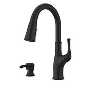 Pfister F5297AWB Robinet de cuisine en aulne avec pulvérisateur rétractable et distributeur de savon, poignée unique, finition noire mate