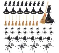 PH PandaHall 100 Pièces 7 Styles Mini Chapeaux de Sorcière Halloween avec Mini Balais en Paille Petites Figurines de Corbeaux et d'Araignées Décoration de Fête Halloween pour Artisanat DIY Faveur