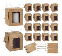 PH PandaHall Coffrets Cadeaux pour Bougies 50pcs Coffrets Cadeaux en Papier 8.5x8.5x10cm Petite Boîte D'Emballage avec Fenêtre Visible Étiquettes et Cordes pour Pot à Bougie Noël Anniversaire, Brun