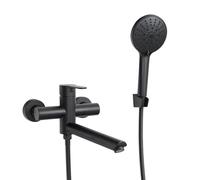 PHASAT Robinet Baignoire Mural avec Douchette, Robinet Noir Mitigeur pour Salle de Bains en Acier Inoxydable Bec Rotatif à 90° PTBB13E