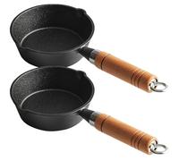 PHENOFICE Lot de 2 Casseroles en Fonte Noire avec Poignée en Bois, Mini Casseroles à Sauce pour Cuisson et Chauffage de L'huile, Pâtisserie Cuisine