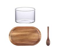 PHENOFICE Plateau Ovale Naturel Lisse sans Bavures Style Japonerie en Bois D'acacia Tasse en Verre et Cuillère, Plateau de Service Thé Café