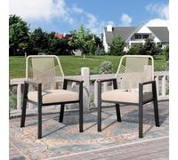 PHI VILLA Chaise Fauteuil de Jardin Exterieur Terrasse Fer Forgé 2 Pièces Lot de Chaises de Table avec Dossier en Rotin pour Balcon Salon