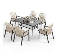 PHI VILLA Table Chaise de Jardin Exterieur, Table a Manger avec 6 Chaises Rotin avec Trou de Parasol Fer Forgé Terrasse Balcon