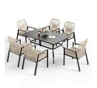 PHI VILLA Table Chaise de Jardin Exterieur, Table a Manger avec 6 Chaises Rotin avec Trou de Parasol Fer Forgé Balcon Terrasse