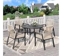 PHI VILLA Table Chaise de Jardin Exterieur, Table a Manger Ronde avec Lot de Chaises 4 Personnes Rotin avec Trou de Parasol Fer Forgé Terrasse Balcon