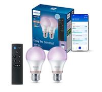 Philips Smart Lighting, Ampoule LED RGB A60, Télécommande, Pack de 2, Culot E27, 470 lm, Couleur et Blanc Réglable 2200-6500 K, Gradation Faible, Connected by WiZ, Alexa, Google Home, Apple Home
