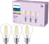 PHILIPS, Ampoule LED Classic A60, Culot E27, 60W, Pack de 3, Transparente | Lot de 3 Ampoules à Filaments, Culot E27 (grosse vis), Blanc Chaud 2700K, 806lm, 7W Équivalent 60W, Éclairage LED puissant
