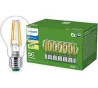 Philips, ampoule LED Ultra Efficient Classe A, 60W, culot E27, blanc chaud 2700K, transparente, verre, lot de 6