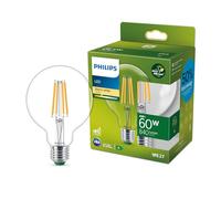 Philips ampoule LED Ultra Efficient Classe A, 60W, format globe, culot E27, blanc chaud 2700K, transparente