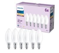 Philips, Ampoules LED B35 Forme Flamme, Culot E14, Pack de 6, Transparente | Lot de 6 ampoules Verre Dépoli, Culot E14 (petite vis), 470lm, Blanc Chaud 2700K, 3.4W Équivalent 40W, Économie d'énergie 90%