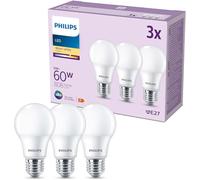 PHILIPS, Ampoules LED Classic A60, Culot E27, 60W, Pack de 3, Blanc | Lot de 3 ampoules, Culot E27 (grosse vis), Blanc Chaud 2700K, 807lm, Équivalent 60W, Verre Dépoli, Éclairage LED puissant