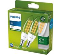 Philips ampoules LED Ultra Efficient E14, format flamme, classe enérgétique A, équivalent 40W, 3000K, verre, transparente, lot de 2