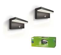 Philips Bustan Applique murale LED d'extérieur (9 W), luminaire d'extérieur résistant aux intempéries avec détecteur de mouvement, éclairage blanc chaud, anthracite, pack de deux