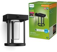 Philips Camill UltraEfficient, Applique murale solaire d'extérieur ronde, 1,4 W, 3000 K, noire, transparente, détecteur de mouvement, IP44 résistante aux intempéries