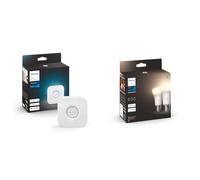Philips Hue Bridge 2.0, Pont de connexion, fonctionne avec Alexa & White Ampoules LED Connectées E27, équivalent 60W, 800 lumen, Compatible Bluetooth, Pack de 2, fonctionne