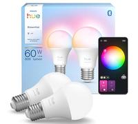 Philips Hue Essential Lot de 2 ampoules LED intelligentes A60, blanc et couleur, culot B22, 8 W, 2200 K-6500 K, 806 lumens, à intensité variable, fonctionne avec Alexa, Google Assistant et Apple Home