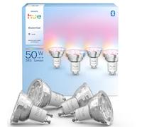 Philips Hue Essential, Spot LED GU10, 345lm, Pack de 4, Multicolore | Ampoule Connectée RGB, 4.7W, Spot LED, Dimmable jusqu'à 2%, Bluetooth, Contrôle via Hue Bridge, Alexa, Google & Apple Home