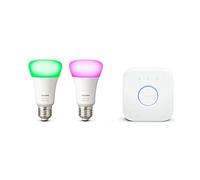 Philips Hue Kit de démarrage Ampoules LED connectées White & Color Ambiance E27, Pack de 2 + pont de connexion, Fonctionne avec Alexa
