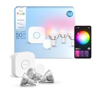 Philips Hue Essential Kit de démarrage avec Bridge+3 ampoules connectées GU10 Essential + Smart Button, WACA, 2200-6500 K, variable, Ampoule connectée compatible Alexa, Google Assistant, Apple Home