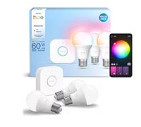 Philips Hue Smart Lighting Kit de démarrage 3 ampoules + pont, ambiance blanche et couleur, ampoules E27, 806 lumens, 60 W, avec pont, contrôle par application, fonctionne avec Alexa et Google