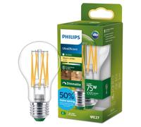 Philips LED UltraEfficient Ampoule Filament Claire A60, Culot Edison E27, Classe Énergétique A, 1095 lm, Équivalent 75W, Blanc Chaud (2700K), Gradable, EyeComfort, 50 000 Heures, 1 Pack