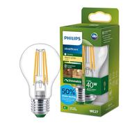 Philips LED UltraEfficient Ampoule Filament Claire A60, Culot Edison E27, Classe Énergétique A, 485 lm, Équivalent 40W, Blanc Chaud (2700K), Gradable, EyeComfort, 50 000 Heures, 1 Pack