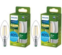 Philips LED UltraEfficient Ampoule Filament Claire B35 Bougie, Petit Culot Edison E14, Classe Énergétique A, 806 lm, Équivalent 60W, Blanc Chaud (2700K), EyeComfort, 50 000 Heures, 1 Pack (Lot de 2)