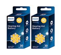 PHILIPS Lot de 60 Piles 1,4 V pour appareils auditifs 10 (Hearing Aid Battery) ZA10BX30/00, Technologie Premium Zinc Air, Batterie Longue durée, Ouverture Facile, Type PR10, 70 et 536 (60 unités)