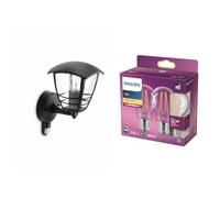 PHILIPS Mygarden Cr pplique murale d'extérieur avec détecteur de mouvement, 220-240 V, Noir & Philips ampoule LED Standard E27 60W Blanc Chaud Claire, Verre, Lot de 2
