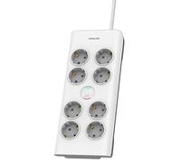 Philips SPN7080WA/10 - Bloc Multiprise 8 Prises Schuko, Power Lock, 3 680 W, Câble d'alimentation Tressé 2 Mètres Haute Résistance, Fermeture de Sécurité (Indicateur LED Protection Surtension 900J)