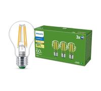 Philips UltraEfficient, Ampoule LED, Culot E27,60W, Pack de 3, Transparente | Lot de 3 Ampoules à Filaments en verre, Culot E27 (grosse vis), Blanc Chaud 2700K, 4W Équivalent 60W, Économie d'énergie 90%