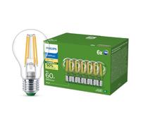 Philips UltraEfficient, Ampoule LED, Culot E27,60W, Pack de 6, Transparente | Lot de 6 Ampoules à Filaments en verre, Culot E27 (grosse vis), Blanc Chaud 2700K, 4W Équivalent 60W, Économie d'énergie 90%
