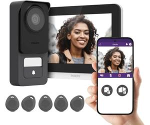 Philips WelcomeEye Connect 3 Visiophone 3K Connecté avec 5 Badges RFID | Image 3K, écran tactile 7 pouces, 2 fils jusqu’à 120 m, WiFi 2,4/5 GHz, RFID/QR code, 5 badges dans ce pack