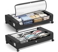 PHINOX Lot de 2 tiroirs de rangement sous lit avec roulettes, conteneurs de rangement sous lit avec couvercle transparent, tiroirs de rangement sous lit en tissu et cadre métallique pour vêtements