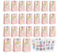 PHOGARY Coffret cadeau de 60 pièces, 24 sacs en papier licorne arc-en-ciel rose + 24 autocollants licorne arc-en-ciel magique sacs pour fêtes d'anniversaire, sacs de fête et sacs pour enfants