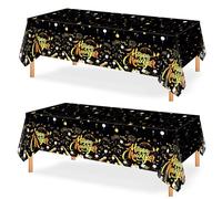 PHOGARY Décoration Nouvel an 2026 Noir Doré Nappes, Fournitures de fête du Nouvel, Rectangulaire Plastique Happy New Year Nappe Nappes, 130 x 274 cm, 2pcs