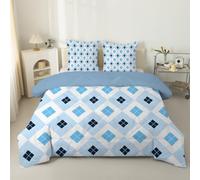 phonxia Couette 140x200 4 Saisons, Motif géométrique sans Housse Réversible Tempérée pour Lit 2 Personnes Légère, Thème Moderne - Edredon 180x220 avec 2 Taies d'oreiller 65x65 Carreaux Bleus C188