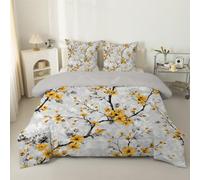 phonxia Couette 140x200 cm Motif Japonais - Toutes Saisons Couette Réversible sans Houss Fleurs de Cerisier Jaunes - Duvet 1 Personne - Edredon Imprimée et 2 Taies d'oreiller 65x65 cm Gris C35