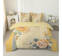 phonxia Couette 200x200 cm Fleurs dorées sans Housse Tempérée 4 Saisons Réversible Légère, Vintage - Edredon Duvet 2 Personnes avec 2 Taies d'oreiller 65x65 Jaune C140