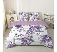 phonxia Couette 200x200 cm Fleurs Violettes sans Housse Tempérée 4 Saisons Réversible Légère, Abstrait - Edredon Duvet 2 Personnes avec 2 Taies d'oreiller 65x65 Feuilles Grises C110