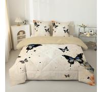 phonxia Couette 200x200 cm Papillons Noirs sans Housse Tempérée 4 Saisons Réversible Légère, Style Vintage - Edredon Duvet 2 Personnes avec 2 Taies d'oreiller 65x65 Marron C13