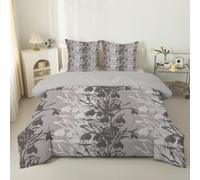 phonxia Couette 90x190 Enfant Feuilles Grises Legere, Motif Vintage Tempérée 4 Saisons - Couette Imprimée 1 Personne sans Houss et 2 Taies d'oreiller 65x65 cm Plantes de forêt C25