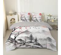 phonxia Couette 90x190 Enfant Montagne Japonaise Imprimée Tempérée 4 Saisons Réversible sans Housse Impression Vintage - Duvet 1 Personne - Edredon Imprimée et 2 Taies d'oreiller 65x65 cm Gris C96