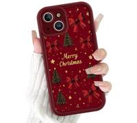 Phoona Noël Coque Étui Cover pour iPhone 15 Plus 6.7" Case Housse Aesthetic Motif Noeud Rouge et Sapin Vert, Matériau Silicone Protection Objectif Antichoc Anti-poussière, Rouge